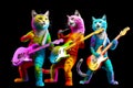 Group of cats that are standing up with guitars in their hands and one cat with guitar in its paws. Generative AI