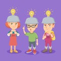 Group of caucasian children with idea light bulbs. Royalty Free Stock Photo