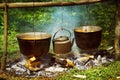 A group of cauldrons and kettle are hanged upon fire