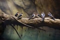 group of cave swallows resting on a branch near the cave