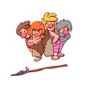 Group of cavemen wondering about a spear Royalty Free Stock Photo