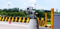 Group of CCTV camera installed for recording accident on road or street with painted yellow and black barrier