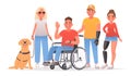 Group of characters with disabilities. People and disability. Blind woman with a guide dog, a guy in a wheelchair, a man and girl Royalty Free Stock Photo