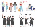 Group of characters students with books and graduates isolated on white background, vector illustrations set Royalty Free Stock Photo