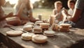 Group of cheerful adults enjoying homemade snacks in nature embrace generated by AI