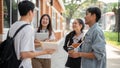 Group of cheerful diverse Asian college students are enjoying talking after classes together Royalty Free Stock Photo