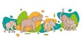 Group of cheerful elephants and baby elephants on a background of colored abstract geometric shapes