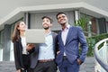 group of cheerful multiracial,businessman and businesswoman in suit making a cheeky face standing outside office