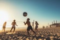 A group of cheerful people play beach volleyball at sunset at a tropical resort. AI generated.
