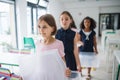 Group of cheerful small school kids with plastic trays in canteen, walking. Royalty Free Stock Photo