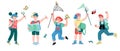 Group of cheerful summer kids, little tourists or campers, explorers cartoon vector