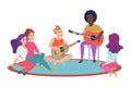 Group of cheerful young friends playing guitars and singing songs while spending time together in weekend cartoon vector Royalty Free Stock Photo