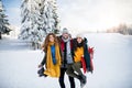 A group of cheerful young friends standing outdoors in snow in winter forest. Royalty Free Stock Photo