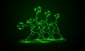 Group of cheerleaders dances with pom poms. Green neon cheerleading background.