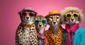 Group of cheetah in funky Wacky wild mismatch colourful outfits isolated on bright background advertisement Royalty Free Stock Photo