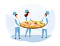 Group of Chef Holding Huge Pizza on Tray Metaphor