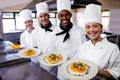 Group of chefs holding plate of prepared pasta in kitchen Royalty Free Stock Photo