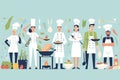 a group of chefs preparing food in a kitchen, Develop a whimsical vector scene of professionals in the hospitality Royalty Free Stock Photo