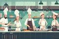 a group of chefs preparing food in a kitchen, Develop a whimsical vector scene of professionals in the hospitality Royalty Free Stock Photo