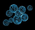 Group of chemical minerals and microelements on black background.