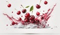 a group of cherries splashing into a milk splash