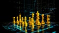 Group of chess pieces sitting on top of blue and yellow floor. Generative AI Royalty Free Stock Photo