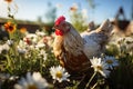 group of chickens in close-up on a walk, Generative AI.