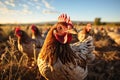 group of chickens in close-up on a walk, Generative AI.