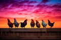 Group of chickens roosting on a wooden fence at sunset. Generative AI Royalty Free Stock Photo