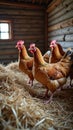 Group of chickens in rustic wooden coop surrounded by straw bedding Royalty Free Stock Photo