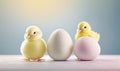 a group of chicks standing next to an egg on a counter top with a blue background and a light blue sky in the back ground Royalty Free Stock Photo