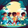 Group of children with backpacks walking in the park. generative AI