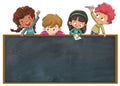Group of naughty children playing with a blackboard