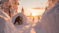 Group of children building igloo in winter countryside.