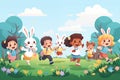 Group of children and bunny running to pick up eggs on easter egg hunt. cartoon illustration. By generative Ai Royalty Free Stock Photo