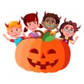 Group Of Children With Devil Horns Peeking Out From Large Pumpkin Vector. Halloween Isolated Illustration