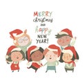Group of children different nationalities in christmas costumes on white background