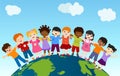 Earth globe with group of multiethnic and diverse children standing together and embracing each other. Community. Multicultural ki