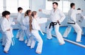Group of children doing karate kicks with male coach