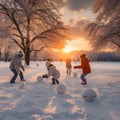 Group of children doing snowball fight, having fun outdoors in winter countryside. Royalty Free Stock Photo