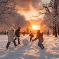 Group of children doing snowball fight, having fun outdoors in winter countryside. Royalty Free Stock Photo