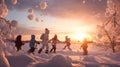 Group of children doing snowball fight, having fun outdoors in winter countryside. Royalty Free Stock Photo