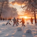 Group of children doing snowball fight, having fun outdoors in winter countryside. Royalty Free Stock Photo