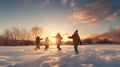 Group of children doing snowball fight, having fun outdoors. Royalty Free Stock Photo