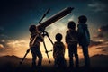 A group of children engrossed in looking through a telescope while gathered together in a field under a sunny sky, Children using