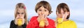 Group of children girl boy kids drinking orange juice healthy eating banner Royalty Free Stock Photo