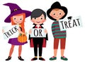 Group of children in Halloween party costumes hold a board