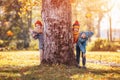 Group of children hiding behind the tree trunk