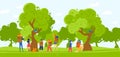 Group of children hiking in park illustration. Kids boys and girls with backpacks and teachers in nature, forest outdoor Royalty Free Stock Photo