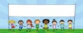 Group of children holding banner, kids holding hands illustration Royalty Free Stock Photo